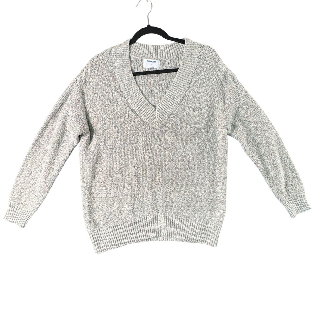 Old Navy Womens L Speckled Knit V-Neck Sweater Minimalist Cozy Neutral Pullover